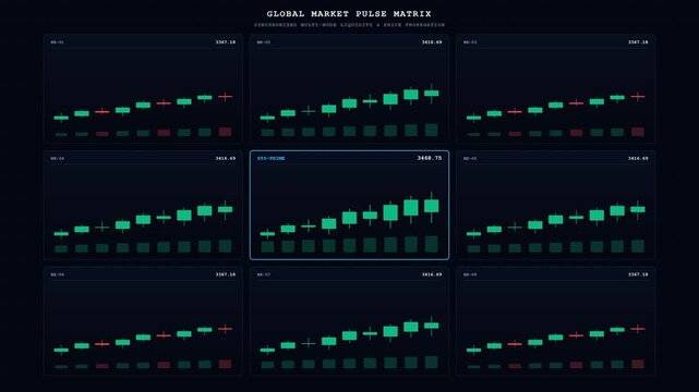 A 10-second seamless loop of a 3x3 matrix of synced miniature crypto charts showcasing radial propagation, synchronized data pulse, and fine-tuned financial dashboard aesthetics.