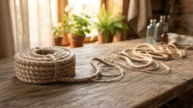 Coiled natural jute rope on a rustic wooden table with copy space