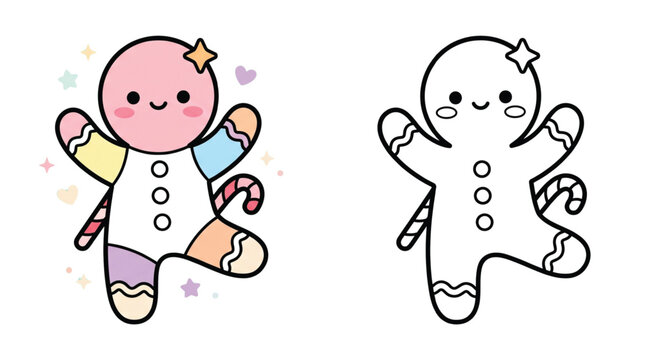 Cute kawaii pastel gingerbread man cookie cartoon character, educational split-screen coloring page in color and outline.