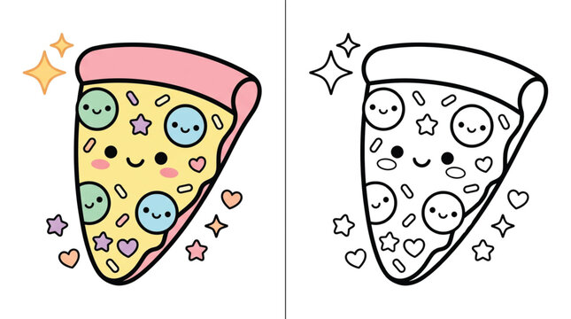 Cute kawaii pizza slice cartoon character, educational split-screen coloring page in color and outline