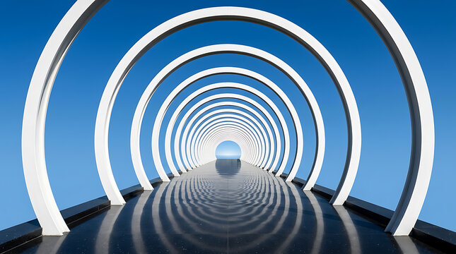 Symmetrical corridor of white circular arches reflecting on a smooth pathway