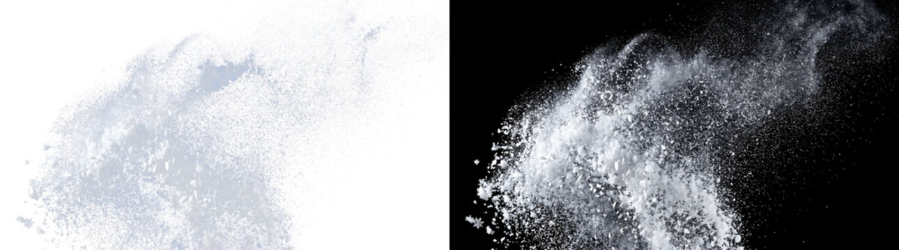 Snow Splash Wave of a cascading powder spray like a snowbank burst for action sports visuals with PNG Transparent and Black Background Versions
