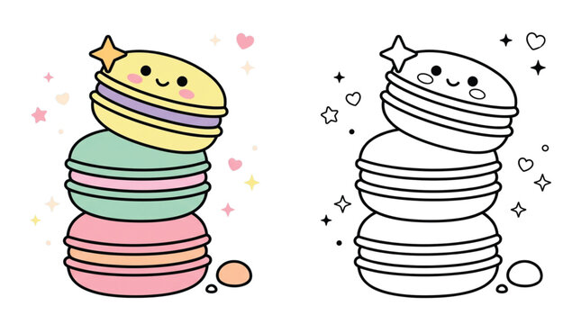 Cute kawaii stacked macarons cartoon character, educational split-screen coloring page in color and outline