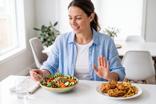 Woman Choosing Healthy Salad over Fried Chicken and French Fries for Diet