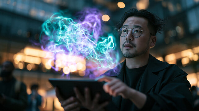 Man Using Digital Tablet with Glowing Holographic Interface at Night
