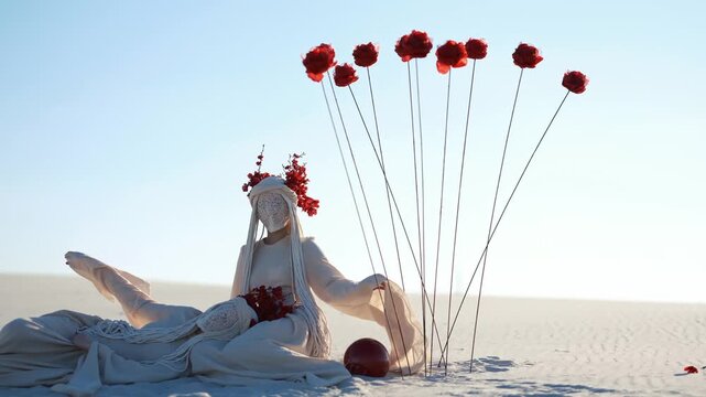 Surreal performance art with mysterious figures in white costumes, lace face covering red floral headpieces sitting and laying near red roses and sphere in desert. Mystical modern art performance. 