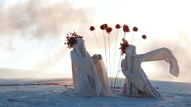 Surreal performance art featuring two dancing figures in white costumes with red floral headpieces kneeling near red roses on stems and smoke in desert. Mystical modern art performance. 