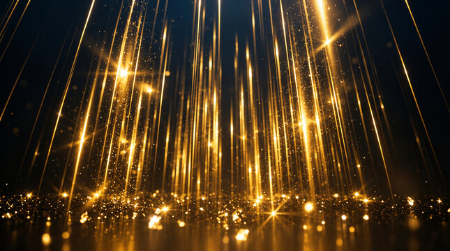 Golden Christmas Lights and Tree with Glittering Stars and Fireworks in the Night Sky, Festive Holiday Celebration Glow and Sparkling Gold Design