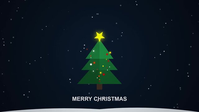 Minimalist 2D animated Christmas tree with falling snow and Merry Christmas greeting