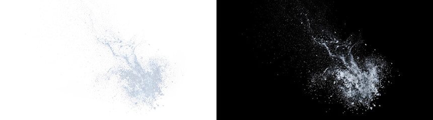 Obraz premium Splash Impact Debris of fragmented particles erupting near a corner for urban design themes with PNG Transparent and Black Background Versions