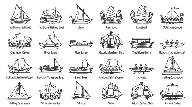 Various types of sailing ships illustrated.