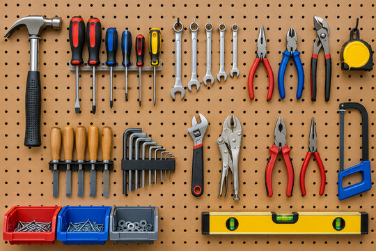 Hand tools neatly hanging on workshop pegboard wall