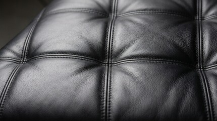 Fototapeta premium Macro shot of high quality black synthetic leather material featuring elegant tufted design and detailed decorative stitching.