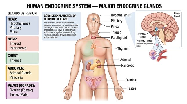Human Endocrine System Diagram Showing Major Glands and Hormone Release Process for Medical Education and Healthcare Infographic