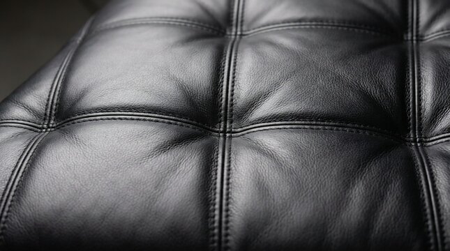 Macro shot of high quality black synthetic leather material featuring elegant tufted design and detailed decorative stitching.