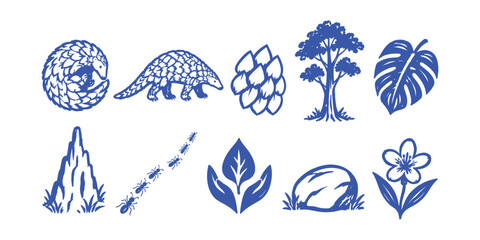 Obraz premium Wild pangolin and tropical forest elements doodle set Vector Illustration 
