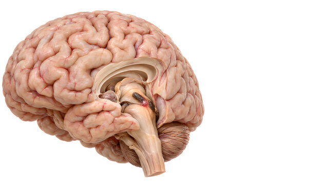 Parkinson disease brain anatomy with subtle midbrain inflammation concept, photorealistic medical education visual on white background with copy space for neurology and patient education materials