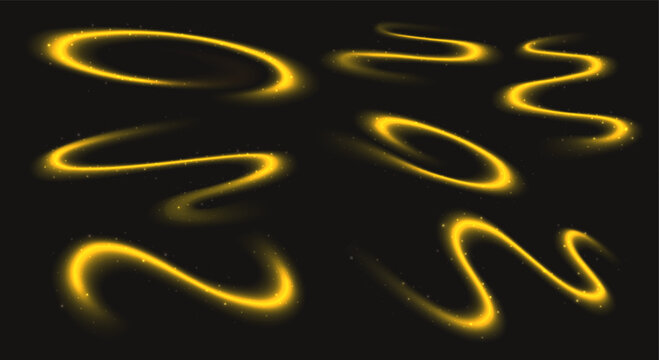 Magical golden trail with sparkling stardust particles. Glowing light effects for festive designs, Christmas, and New Year. Vector illustration