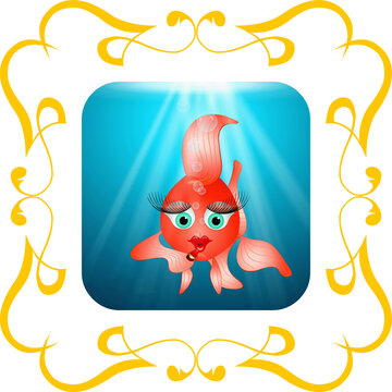 Anthropomorphic goldfish applying lipstick set within an Art Nouveau-style frame.