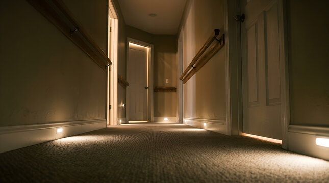 Dimly Lit Residential Home Hallway Featuring Warm Ambient Low-Level Floor Lighting and Soft Carpeted Walkway