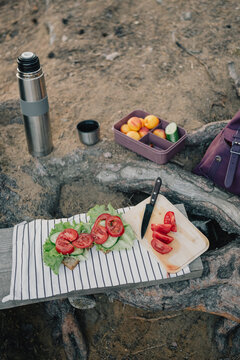 Fresh vegetable sandwiches prepared for an outdoor forest picnic with thermos, fruit and lunch box, illustrating healthy travel food, hiking break and nature leisure