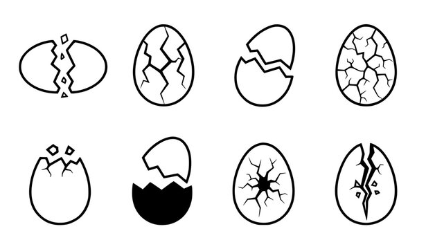 Broken Cracked Egg Icon Set, Black Outline and Silhouette Symbols for Food, Cooking and Kitchen Design