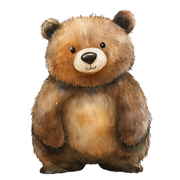 The image features a cute, cartoon style bear standing upright with a friendly expression. It has soft, fluffy fur in shades of brown, with a lighter patch on its belly and around its muzzle