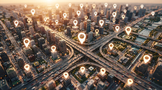 Miniature city aerial view with glowing navigation map pins for logistics