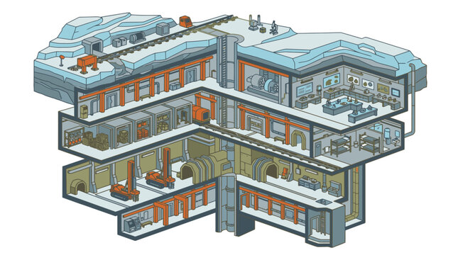Industrial Cross Sectional Diagram of a Multi Level Underground Facility with Machinery Storage and Offices