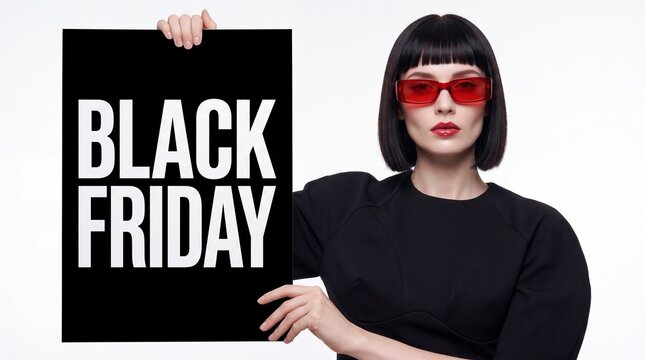 A trendy young woman with a black bob haircut wearing red sunglasses holds a promotional placard featuring bold text announcing the massive seasonal savings event for the annual Black Friday