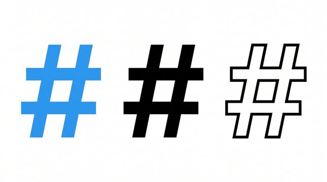 Minimalist hashtag symbol collection featuring three identical hashtag icons, transitioning from bold blue to solid black and thin black outline, clean white background, modern vector style.