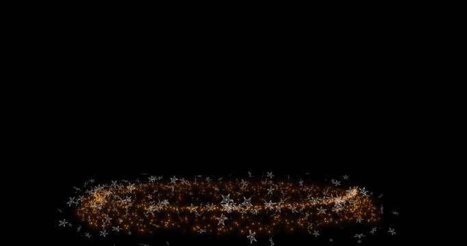 A dense ring of sparkling gold stars and micro-sparks rotates in a spiral. Radiant festive dust illuminates the lower frame with elegant motion.