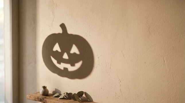 Minimal Halloween pumpkin shadow projected across a warm beige wall, creating an artistic seasonal composition with soft natural lighting, elegant negative space and modern commercial styling.