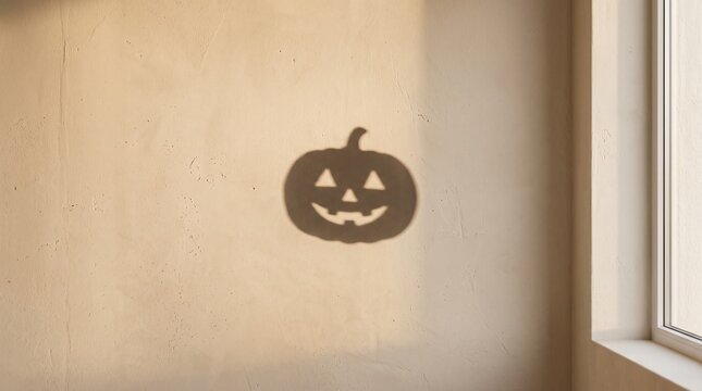 Minimal Halloween pumpkin shadow projected across a warm beige wall, creating an artistic seasonal composition with soft natural lighting, elegant negative space and modern commercial styling.