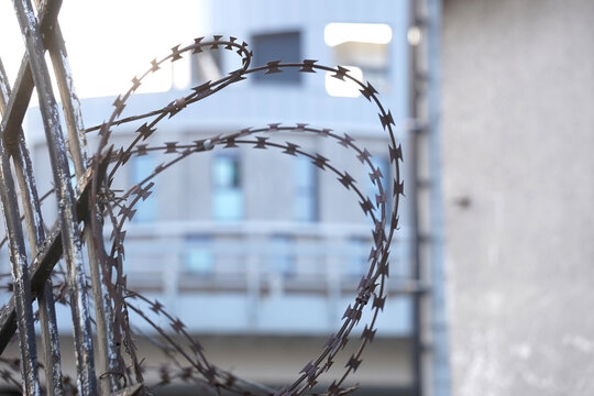 Close up shot of razor barbed wire coils mounted on a concrete wall with bright sun flare in the background. Concept of security, prison fence, boundary protection, restriction, and border control.   