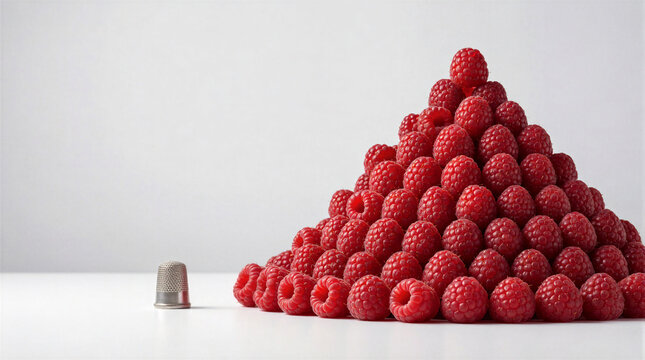 Tiny simple silver thimble resting beside a towering cascading mountain of bright red raspberries on a clean white surface