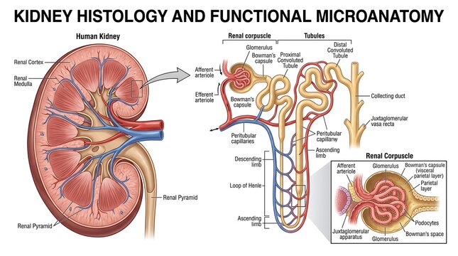 Kidney Anatomy and Nephron Function Diagram, Detailed Biological Illustration of Renal Structure and Microanatomy for Educational Medical Study