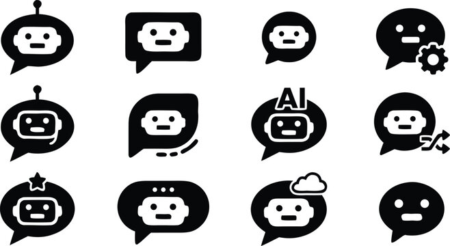 Chatbot set icons for AI robot assistant and customer support designs