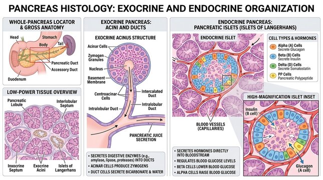 Pancreas Histology Educational Infographic Showing Exocrine and Endocrine Organization with Detailed Cellular Structures and Hormone Functions