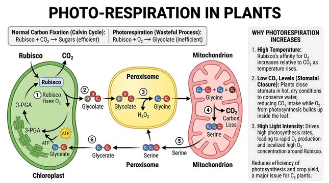 Photorespiration in Plants Biological Process Infographic Diagram Showing Rubisco Cycle and Carbon Loss in Chloroplast Peroxisome Mitochondrion