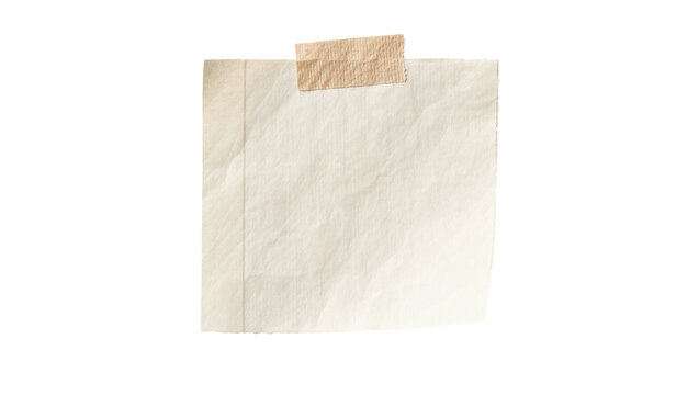 Crinkled beige paper note with torn edges taped with brown masking tape, isolated on transparent background
