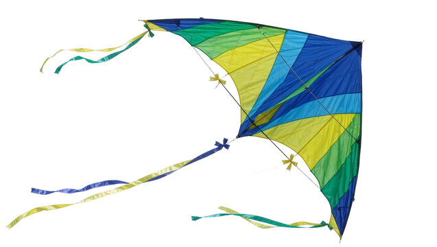 Colorful diamond kite with blue green and yellow panels, isolated on transparent background