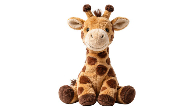 Fluffy brown spotted giraffe plush toy, isolated on transparent background
