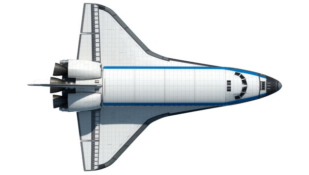 White space shuttle with blue stripe and dark gray wing edges, isolated on transparent background