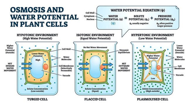 Osmosis and Water Potential in Plant Cells Educational Infographic Vector Illustration Showing Turgid Flaccid and Plasmolysed Cell States