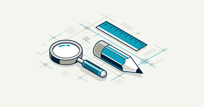 Engineering project concept, blueprint engineer work vector 3D isometric illustration, abstract draft drawing, cad technical plan.