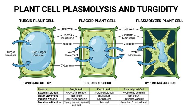 Plant Cell Plasmolysis and Turgidity Biology Diagram Showing Osmosis in Hypotonic Isotonic and Hypertonic Solutions Vector Illustration