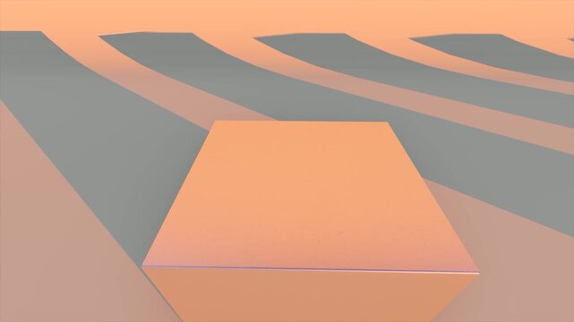 Abstract orange 3D cube on pastel peach and gray striped surface with soft minimalist geometric design