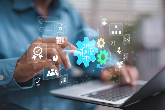 Digital AI Workflow Automation with business professional using laptop, connected process gears, task checklists, analytics and enterprise productivity workflow interface for operational efficiency