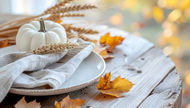 Rustic Thanksgiving Table Setting with White Pumpkin, Wheat and Autumn Leaves on Wooden Table